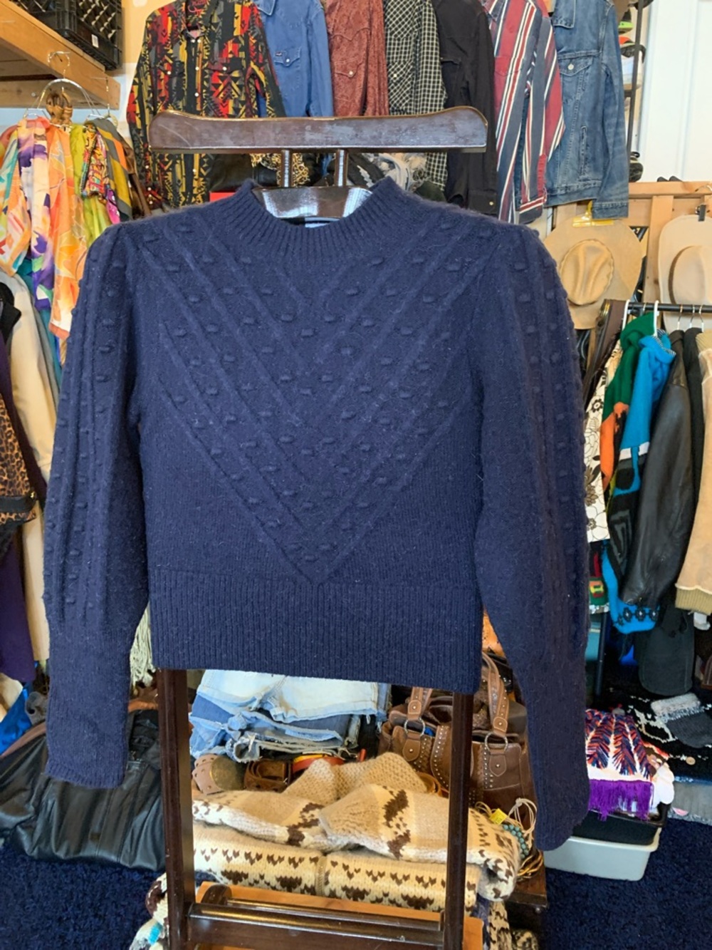 The Kooples Navy Highly Textured Chevron Crewneck Sweater